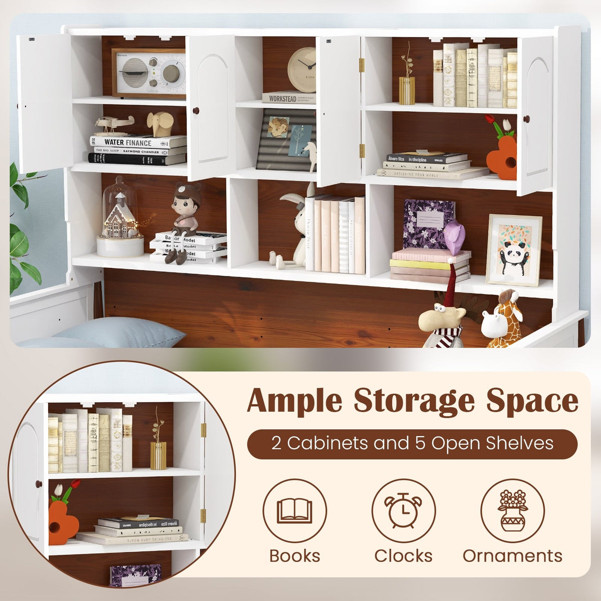 Twin Bed with Bookcase with Shelves and Wooden Slat Support No Box Spring Needed for Living Room Bedroom-White-Simple Bed Frame-DECOROLALA