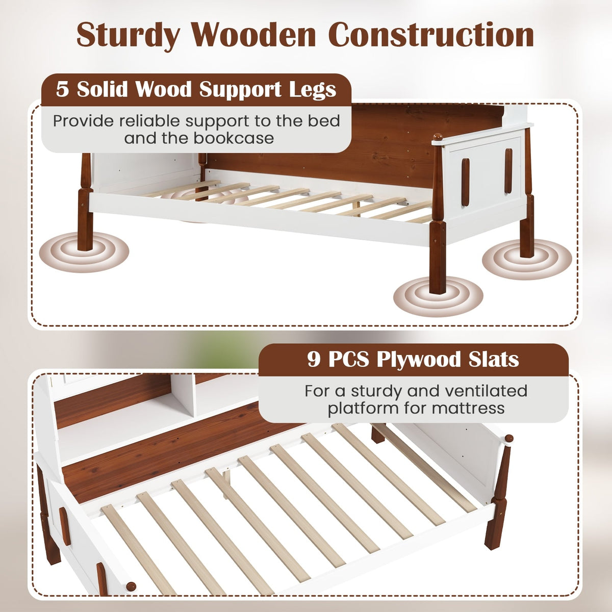 Twin Bed with Bookcase with Shelves and Wooden Slat Support No Box Spring Needed for Living Room Bedroom-White-Simple Bed Frame-DECOROLALA