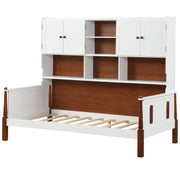 Twin Bed with Bookcase with Shelves and Wooden Slat Support No Box Spring Needed for Living Room Bedroom-White-Simple Bed Frame-DECOROLALA