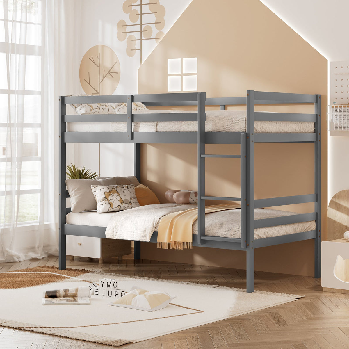Twin Bunk Bed Children Wooden Bunk Beds Solid Hardwood-Bunk Bed Frame-DECOROLALA