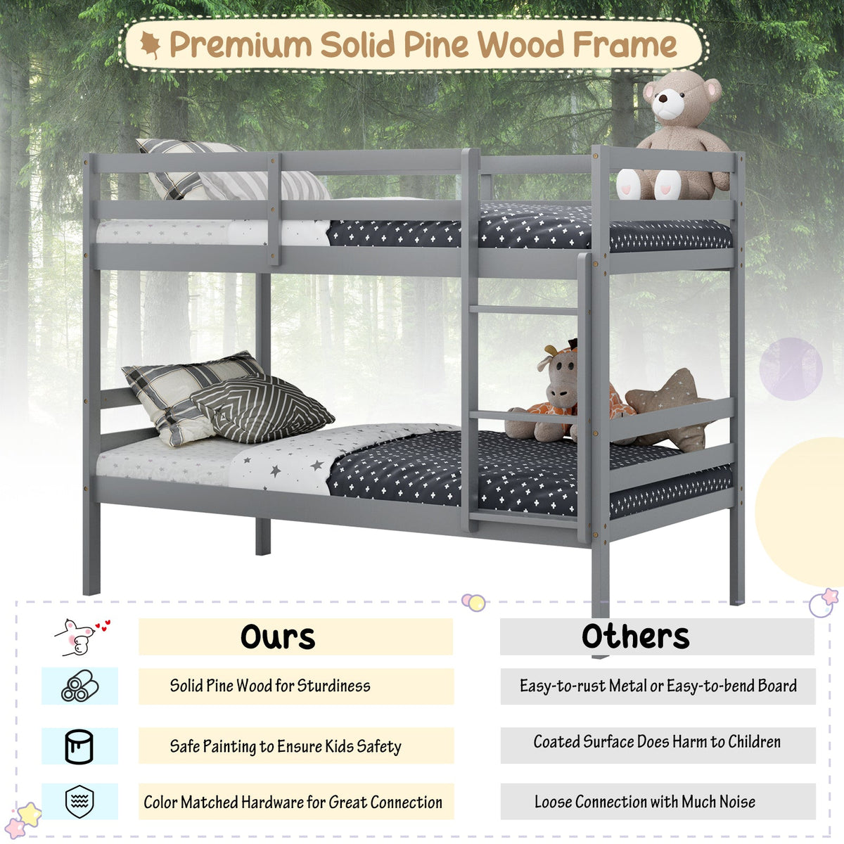 Twin Bunk Bed Children Wooden Bunk Beds Solid Hardwood-Bunk Bed Frame-DECOROLALA