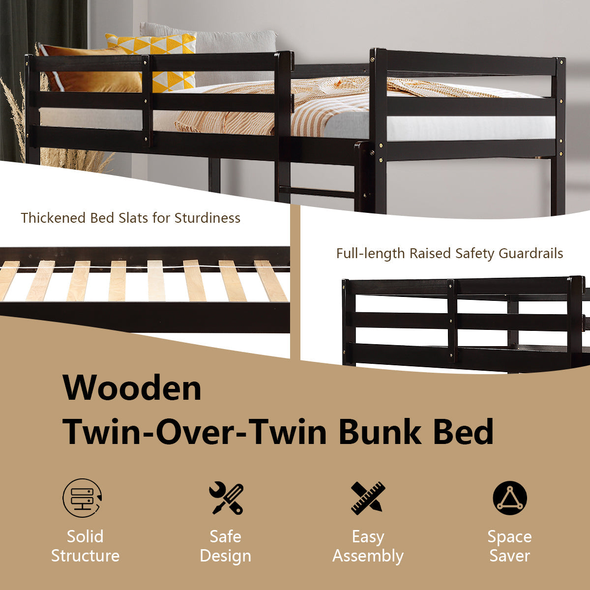 Twin Bunk Bed Children Wooden Bunk Beds Solid Hardwood-Bunk Bed Frame-DECOROLALA