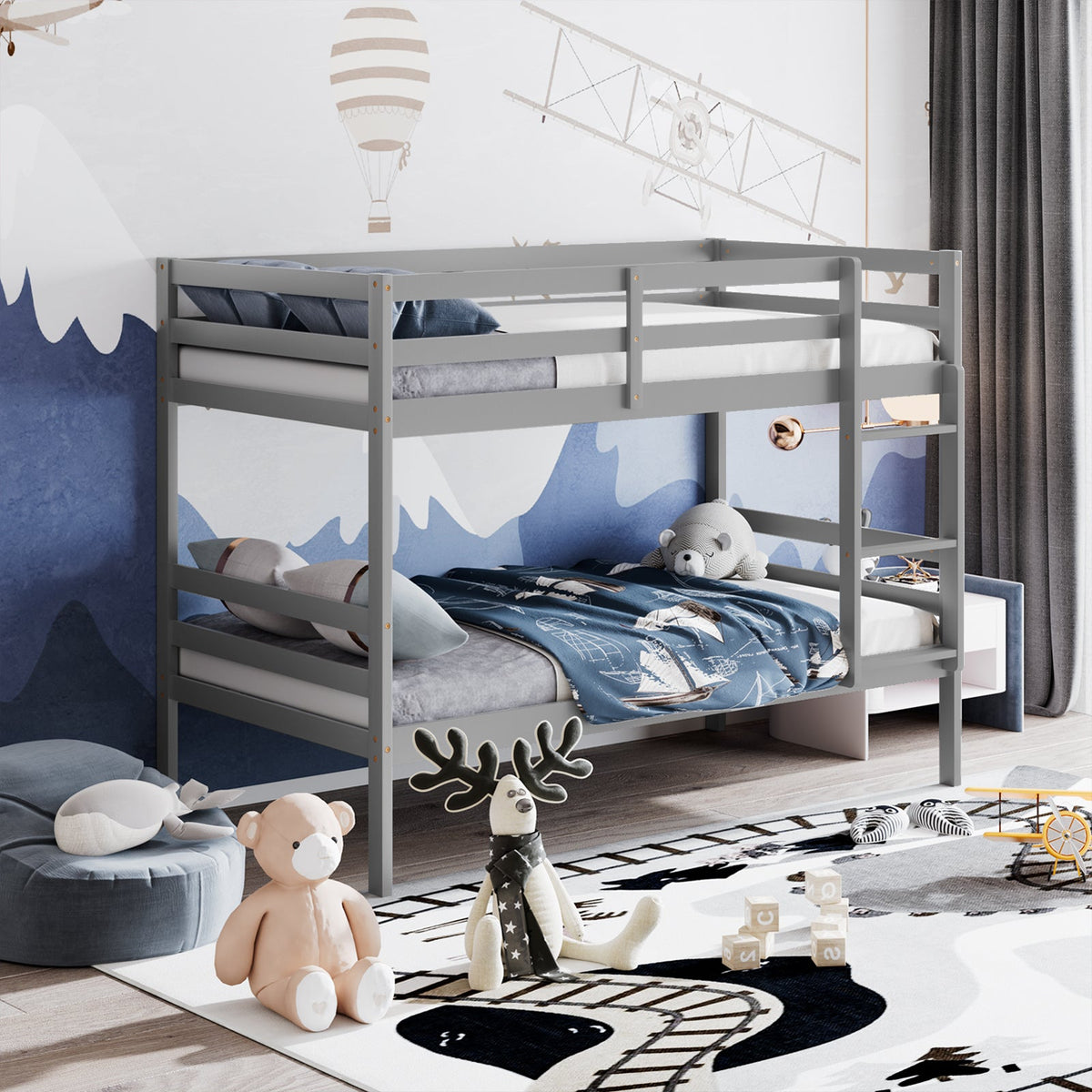 Twin Bunk Bed Children Wooden Bunk Beds Solid Hardwood-Bunk Bed Frame-DECOROLALA