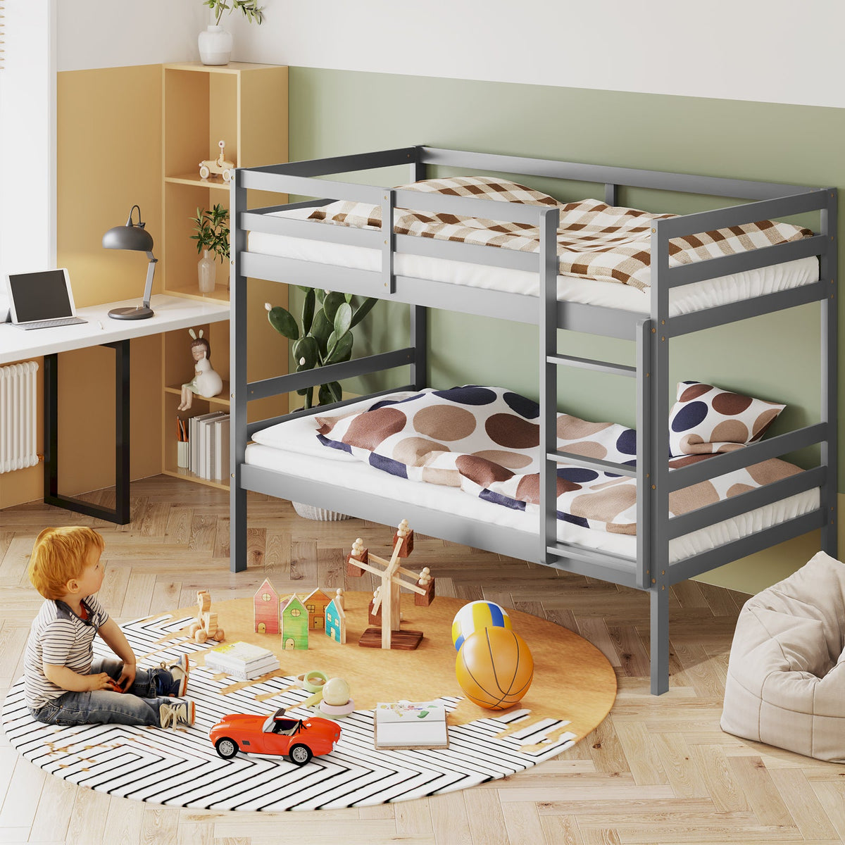 Twin Bunk Bed Children Wooden Bunk Beds Solid Hardwood-Bunk Bed Frame-DECOROLALA