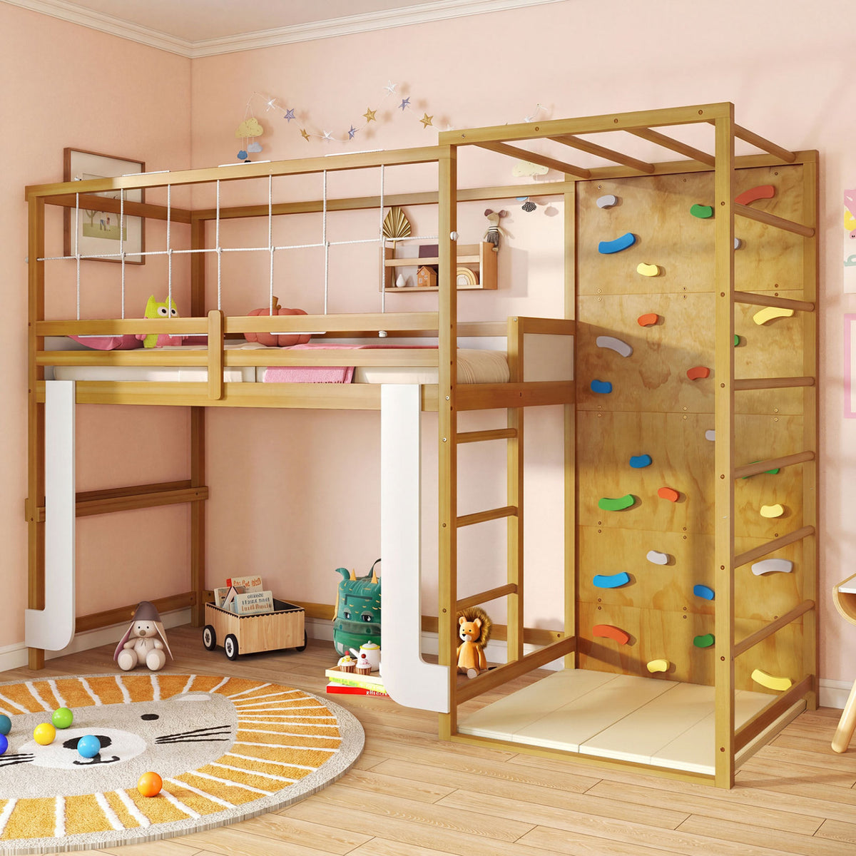 Twin Bunk Bed with Jungle Gym Wooden Loft Bed with Climbing Ladder-Natural-Bunk Bed Frame-DECOROLALA