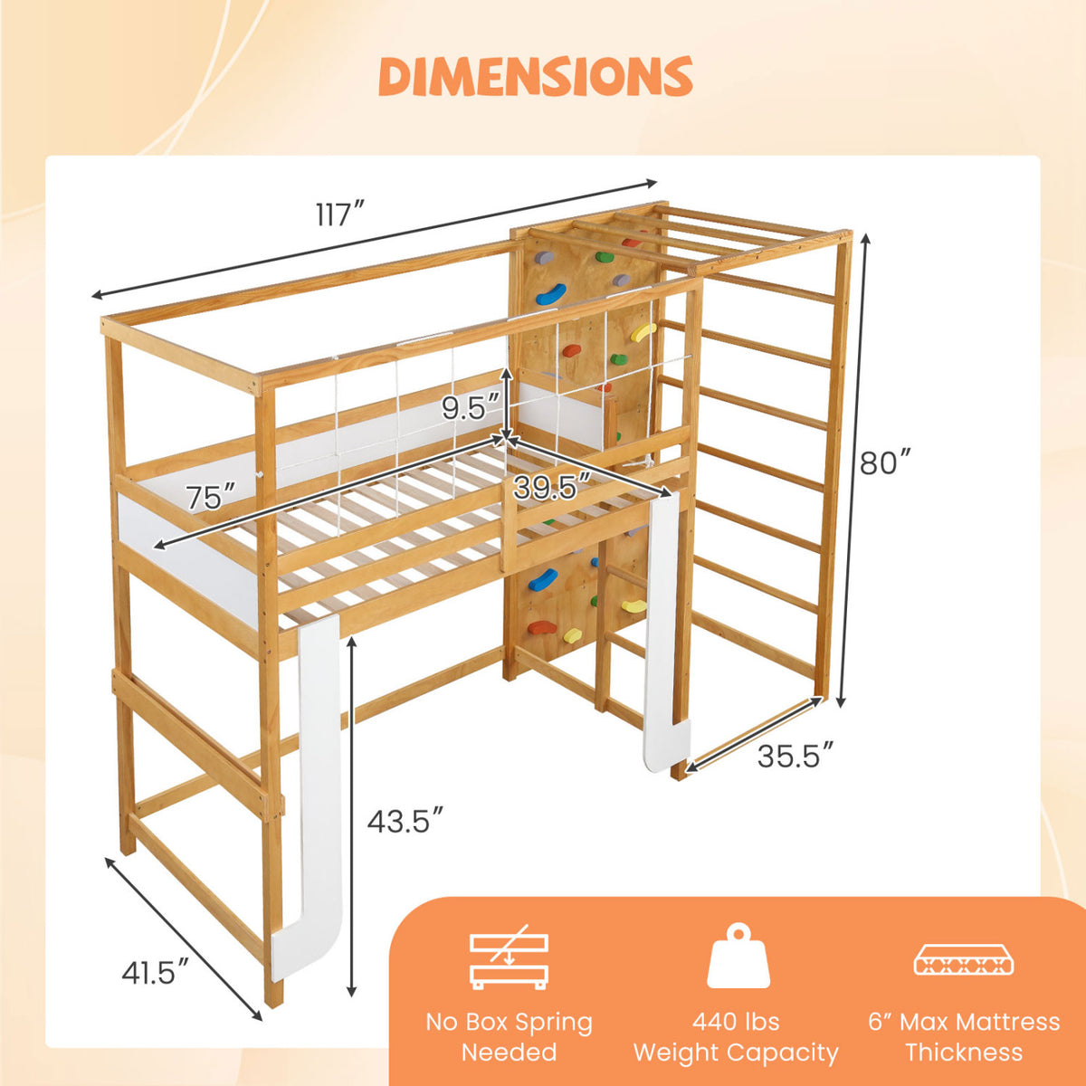 Twin Bunk Bed with Jungle Gym Wooden Loft Bed with Climbing Ladder-Natural-Bunk Bed Frame-DECOROLALA
