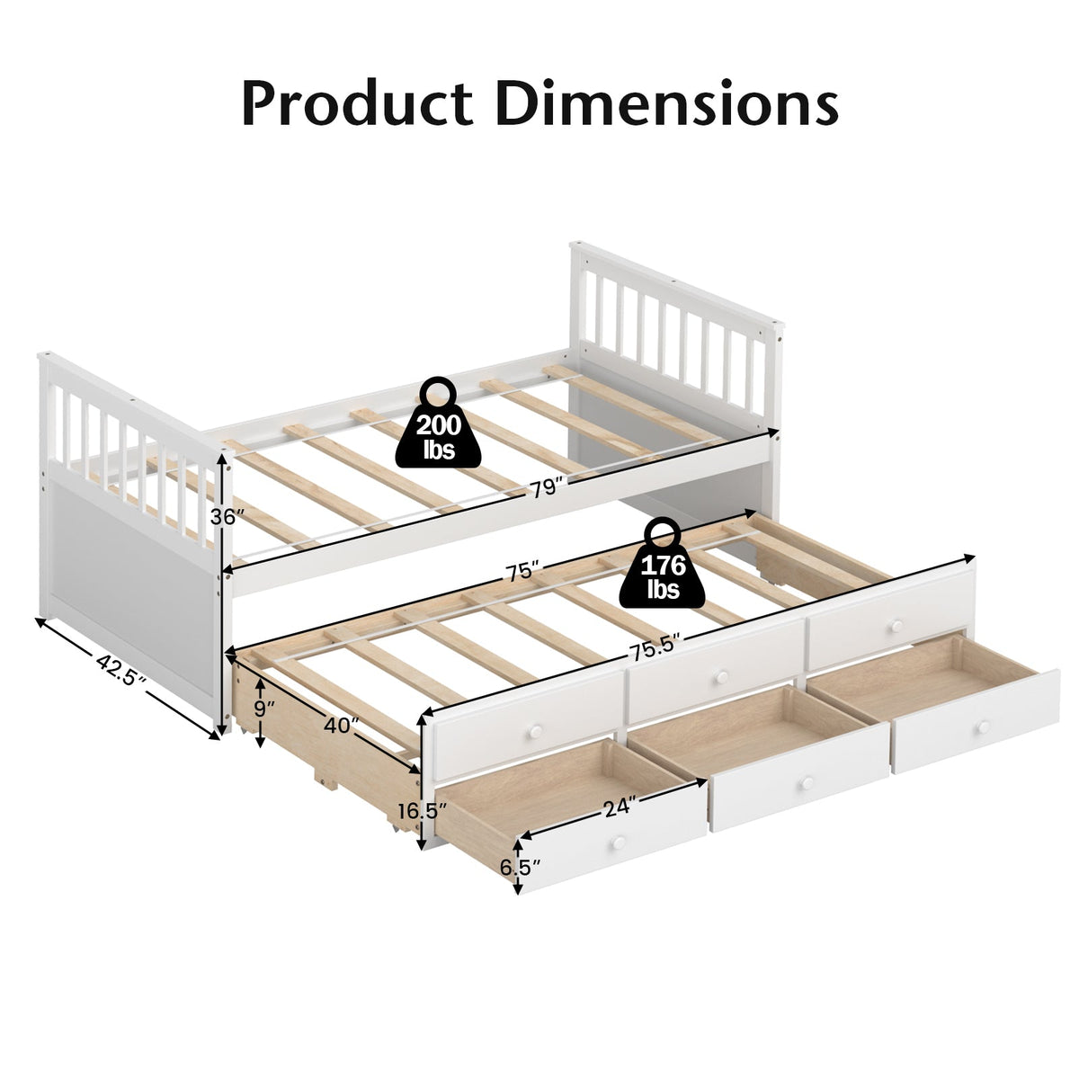 Twin Captain’s Bed with Trundle Bed with 3 Storage Drawers-Trundle Bed Frame-DECOROLALA