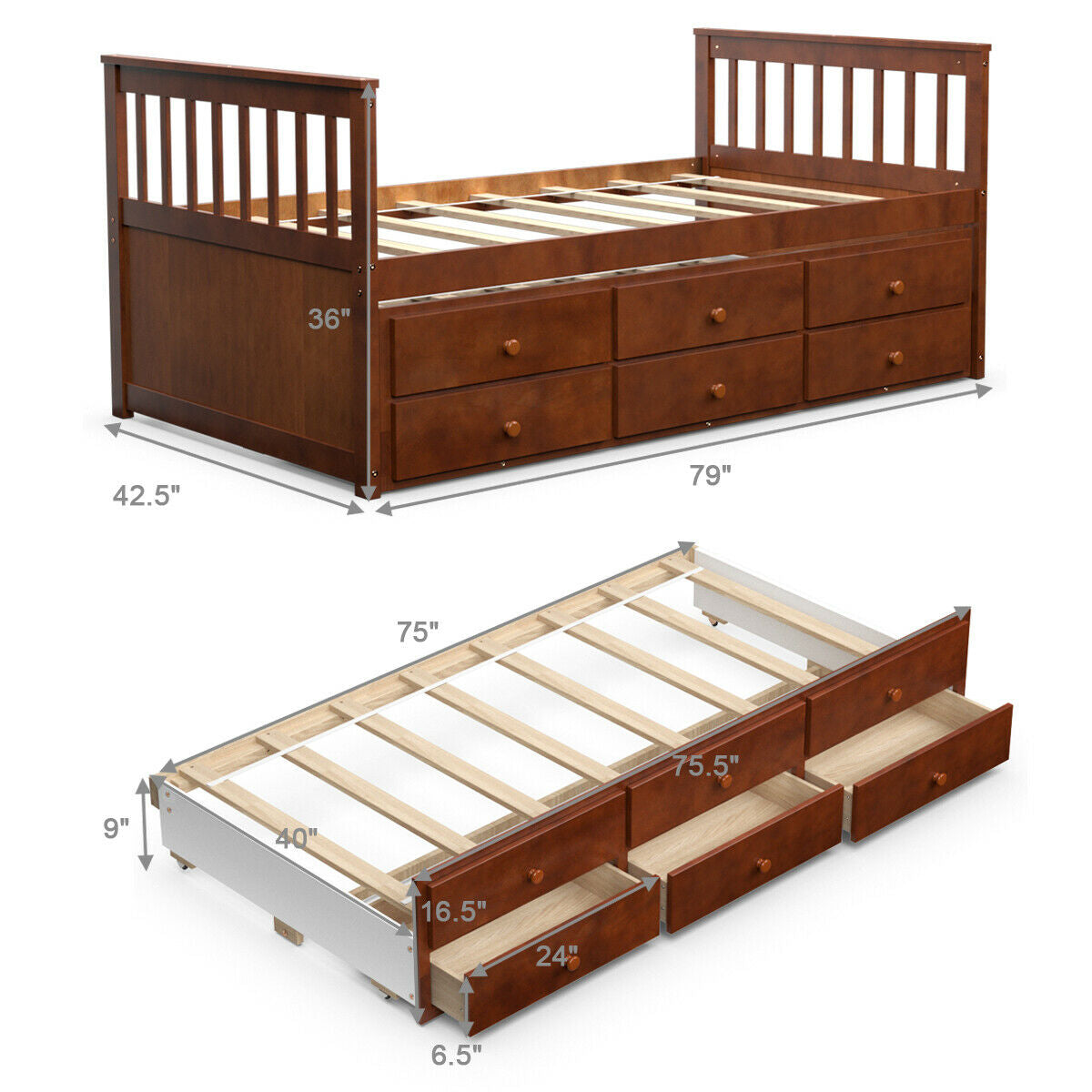 Twin Captain’s Bed with Trundle Bed with 3 Storage Drawers-Trundle Bed Frame-DECOROLALA