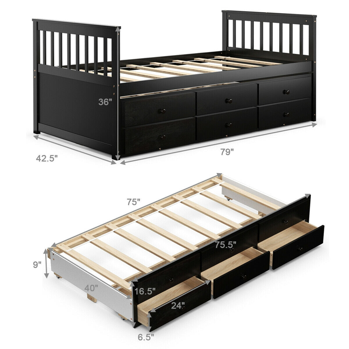 Twin Captain’s Bed with Trundle Bed with 3 Storage Drawers-Trundle Bed Frame-DECOROLALA