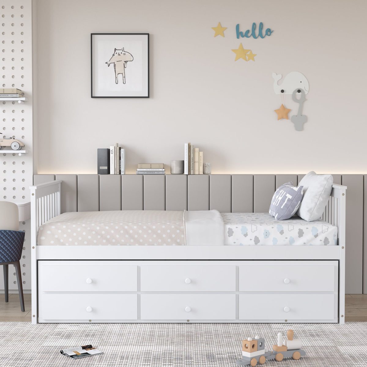 Twin Captain’s Bed with Trundle Bed with 3 Storage Drawers-Trundle Bed Frame-DECOROLALA