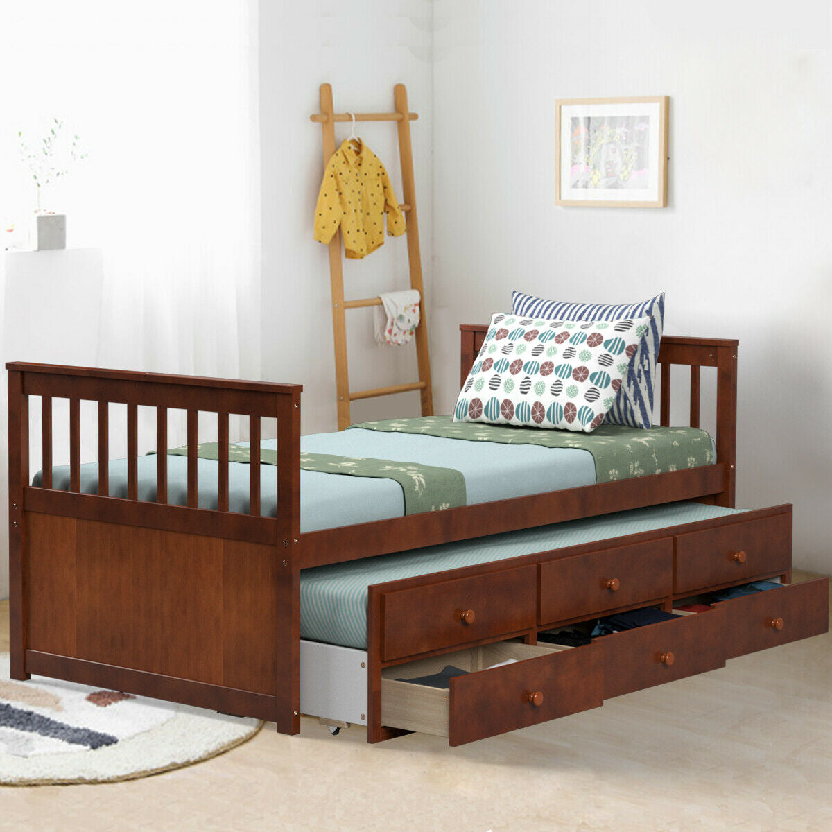 Twin Captain’s Bed with Trundle Bed with 3 Storage Drawers-Trundle Bed Frame-DECOROLALA