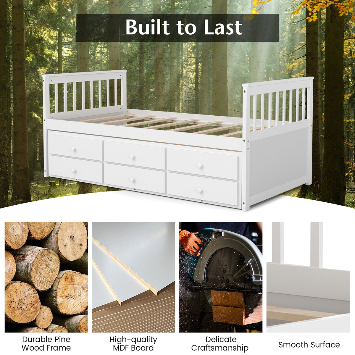 Twin Captain’s Bed with Trundle Bed with 3 Storage Drawers-Trundle Bed Frame-DECOROLALA