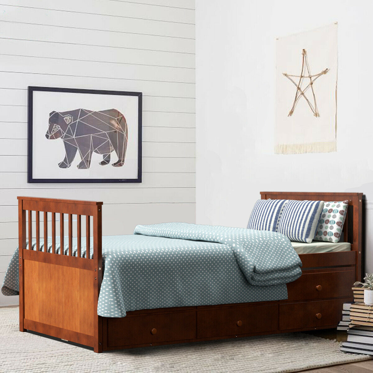 Twin Captain’s Bed with Trundle Bed with 3 Storage Drawers-Trundle Bed Frame-DECOROLALA