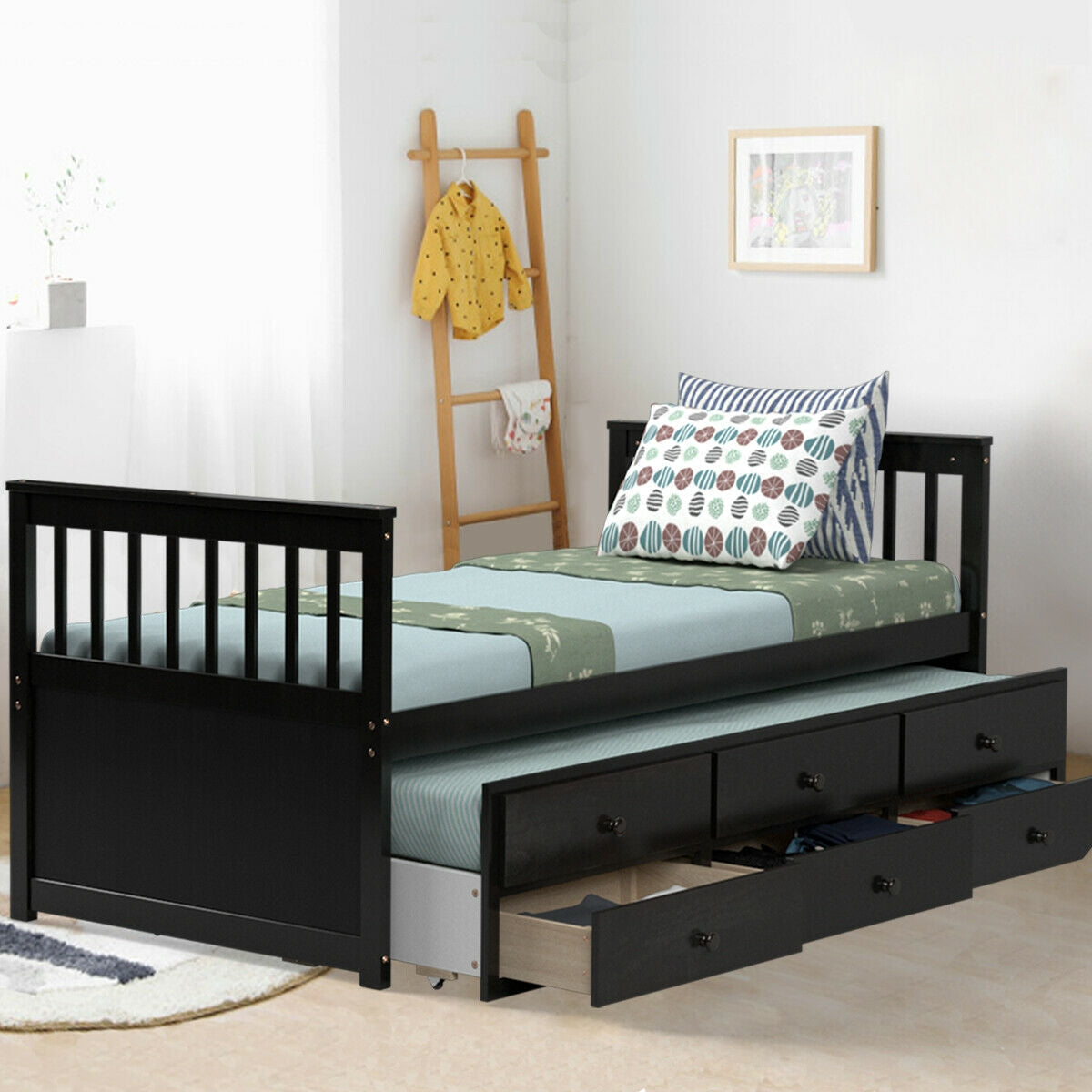 Twin Captain’s Bed with Trundle Bed with 3 Storage Drawers-Trundle Bed Frame-DECOROLALA