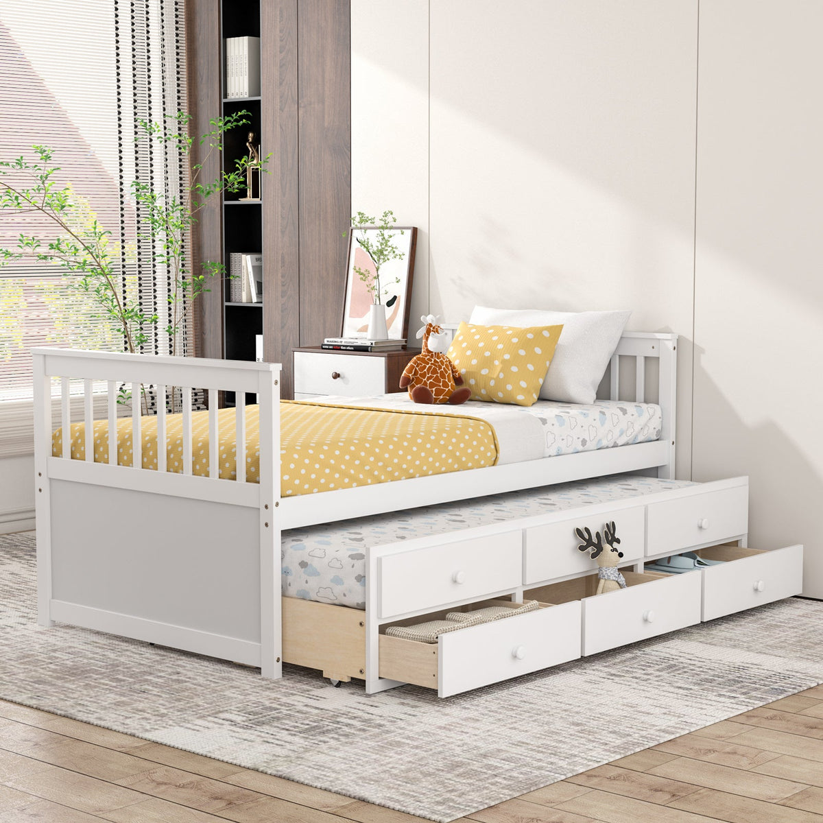 Twin Captain’s Bed with Trundle Bed with 3 Storage Drawers-Trundle Bed Frame-DECOROLALA