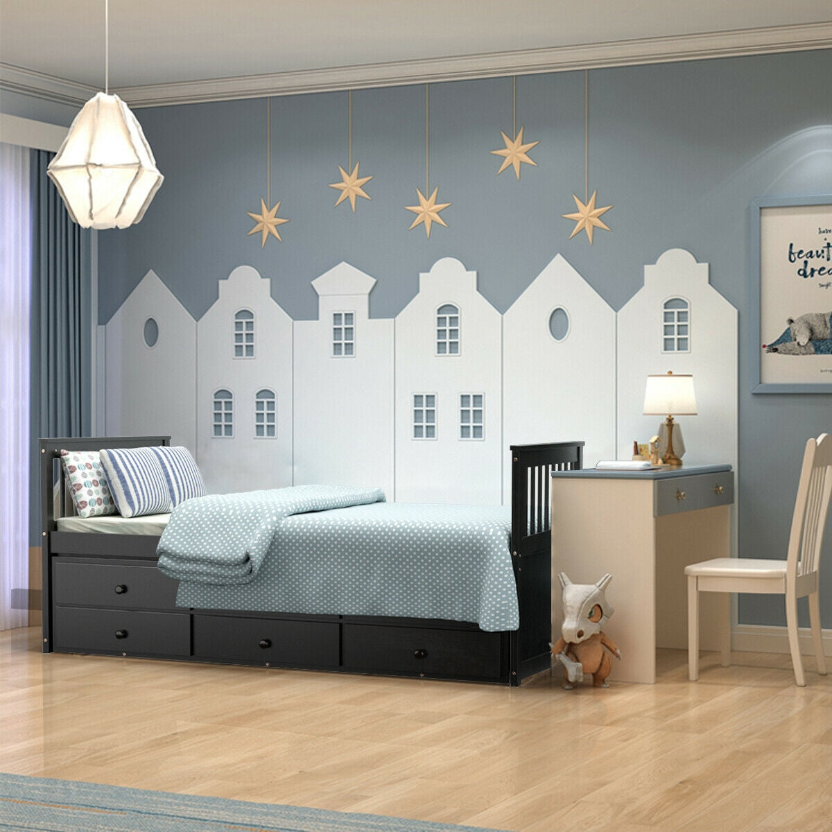 Twin Captain’s Bed with Trundle Bed with 3 Storage Drawers-Trundle Bed Frame-DECOROLALA