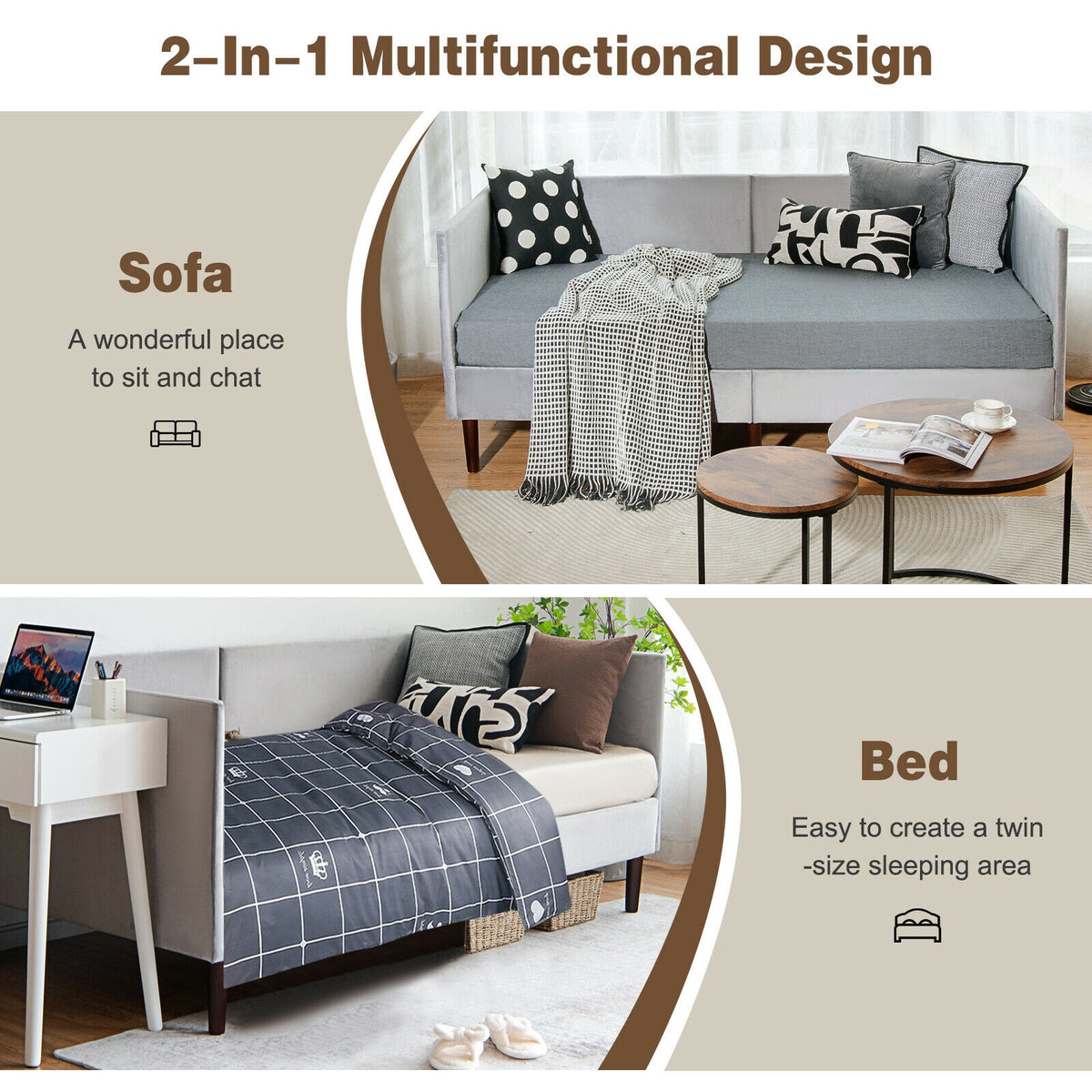 Twin Daybed Heavy Duty Wooden Sofa Bed Frame-Gray-Trundle Bed Frame-DECOROLALA