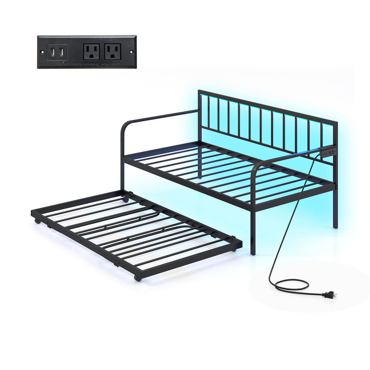 Twin Daybed with Charging Station and LED Lights-Black-Trundle Bed Frame-DECOROLALA