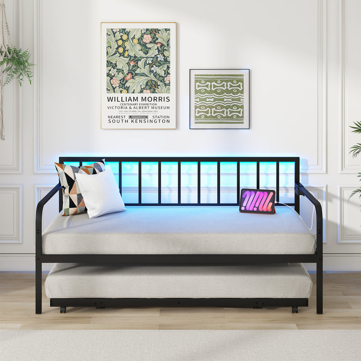Twin Daybed with Charging Station and LED Lights-Black-Trundle Bed Frame-DECOROLALA