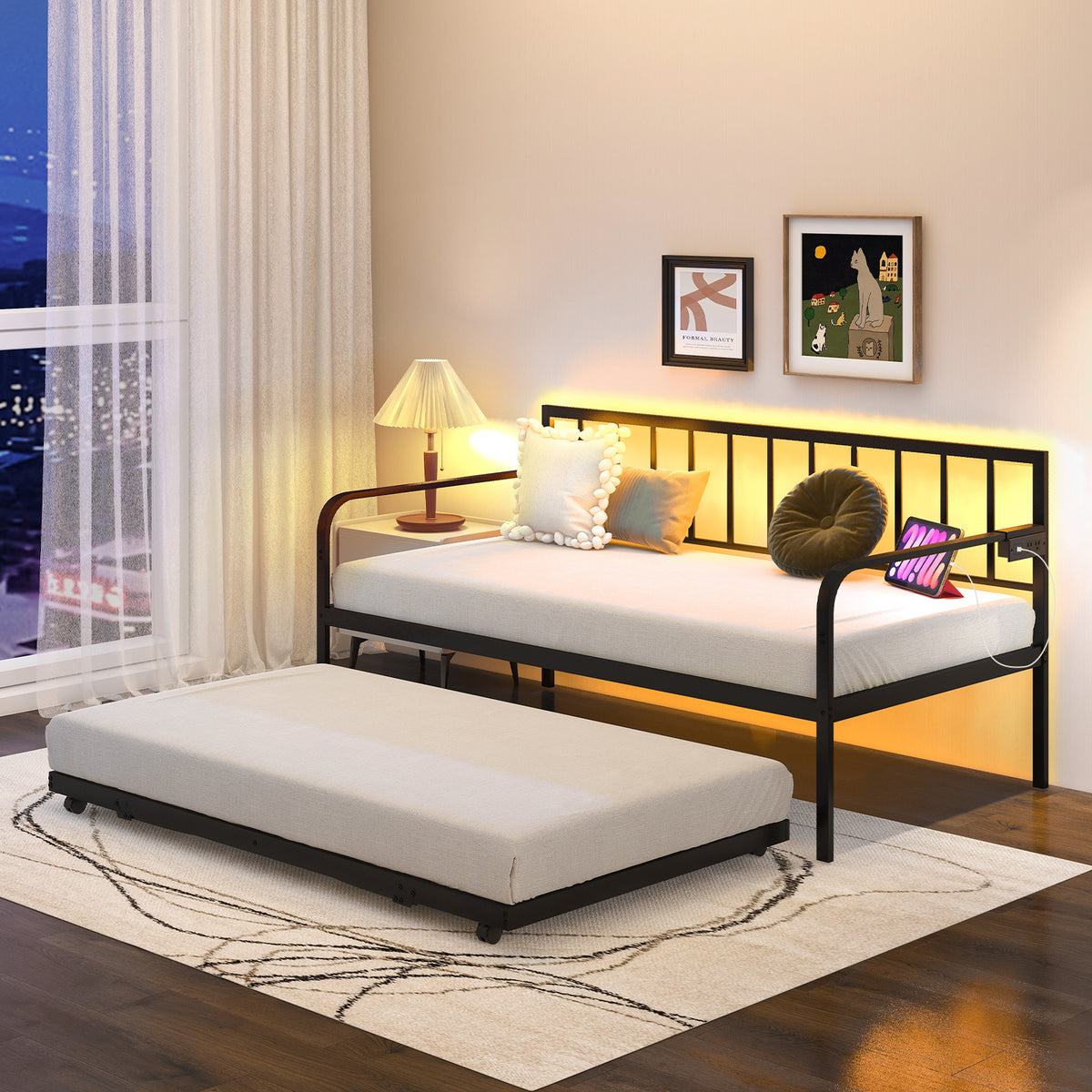 Twin Daybed with Charging Station and LED Lights-Black-Trundle Bed Frame-DECOROLALA