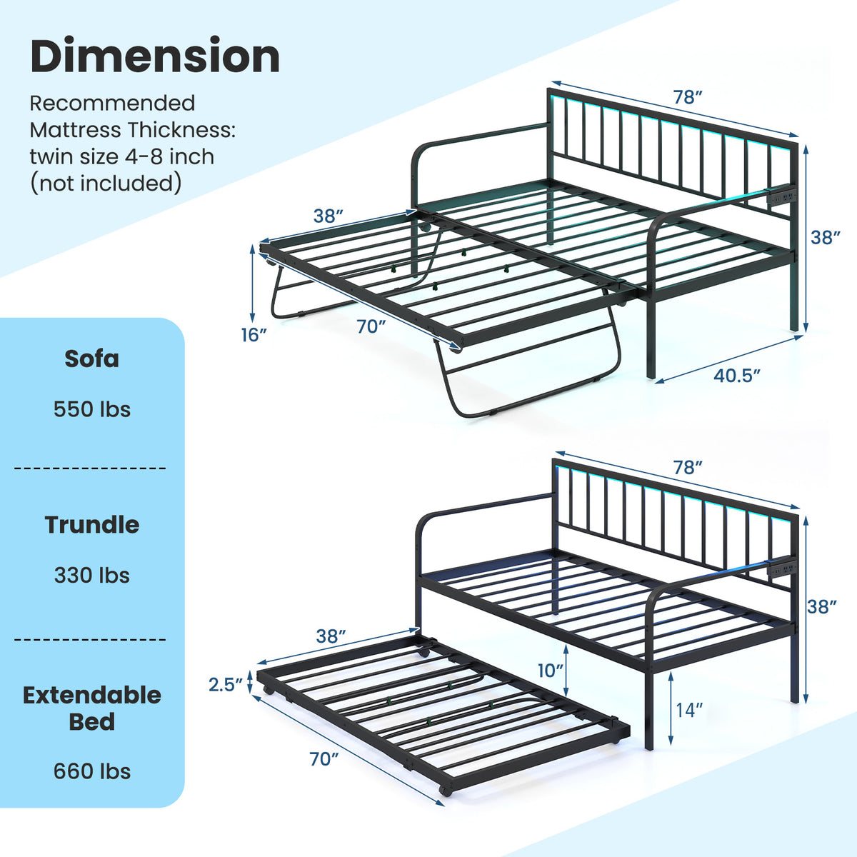 Twin Daybed with Charging Station and LED Lights-Black-Trundle Bed Frame-DECOROLALA