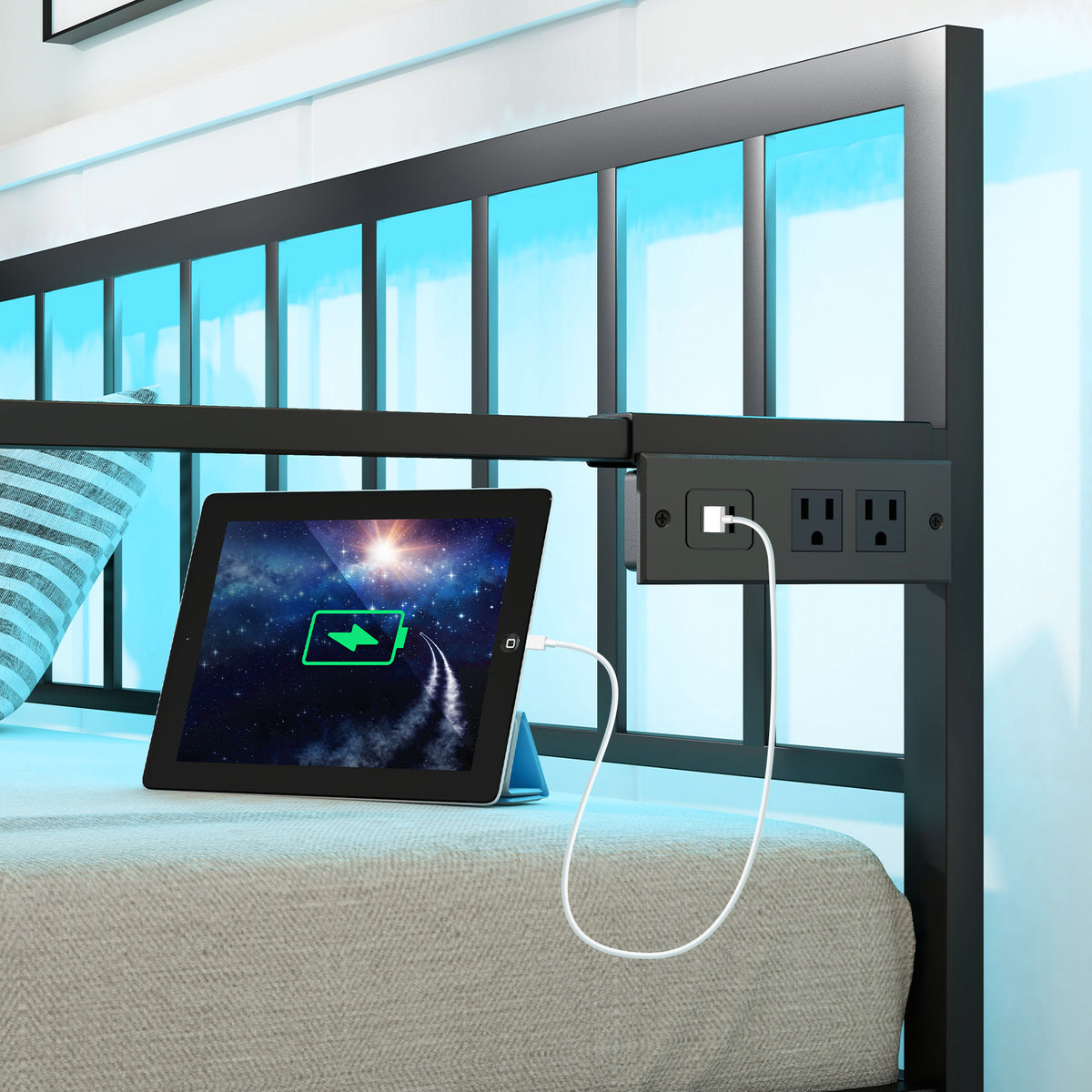 Twin Daybed with Charging Station and LED Lights-Black-Trundle Bed Frame-DECOROLALA