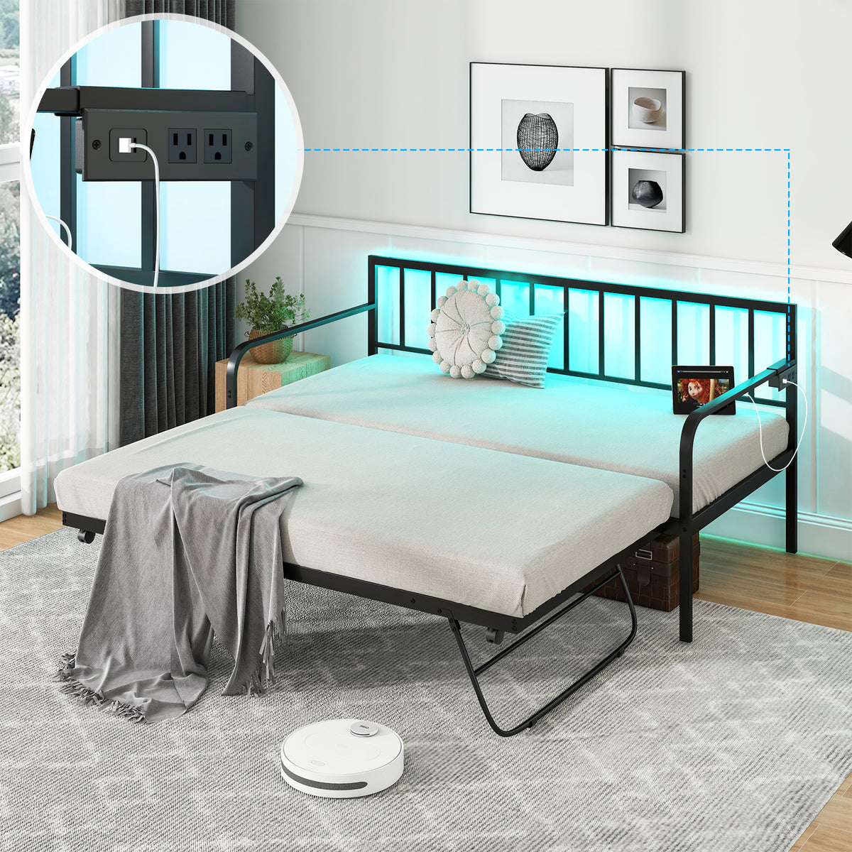 Twin Daybed with Charging Station and LED Lights-Black-Trundle Bed Frame-DECOROLALA