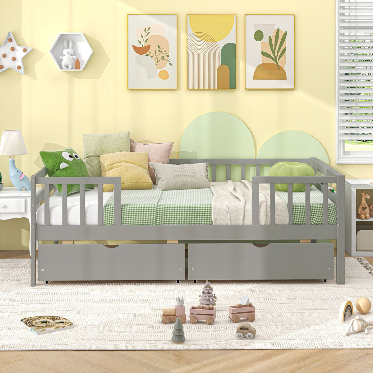 Twin Daybed with Fence and 2 Drawers Kids Bed for Boys & Girls-Trundle Bed Frame-DECOROLALA