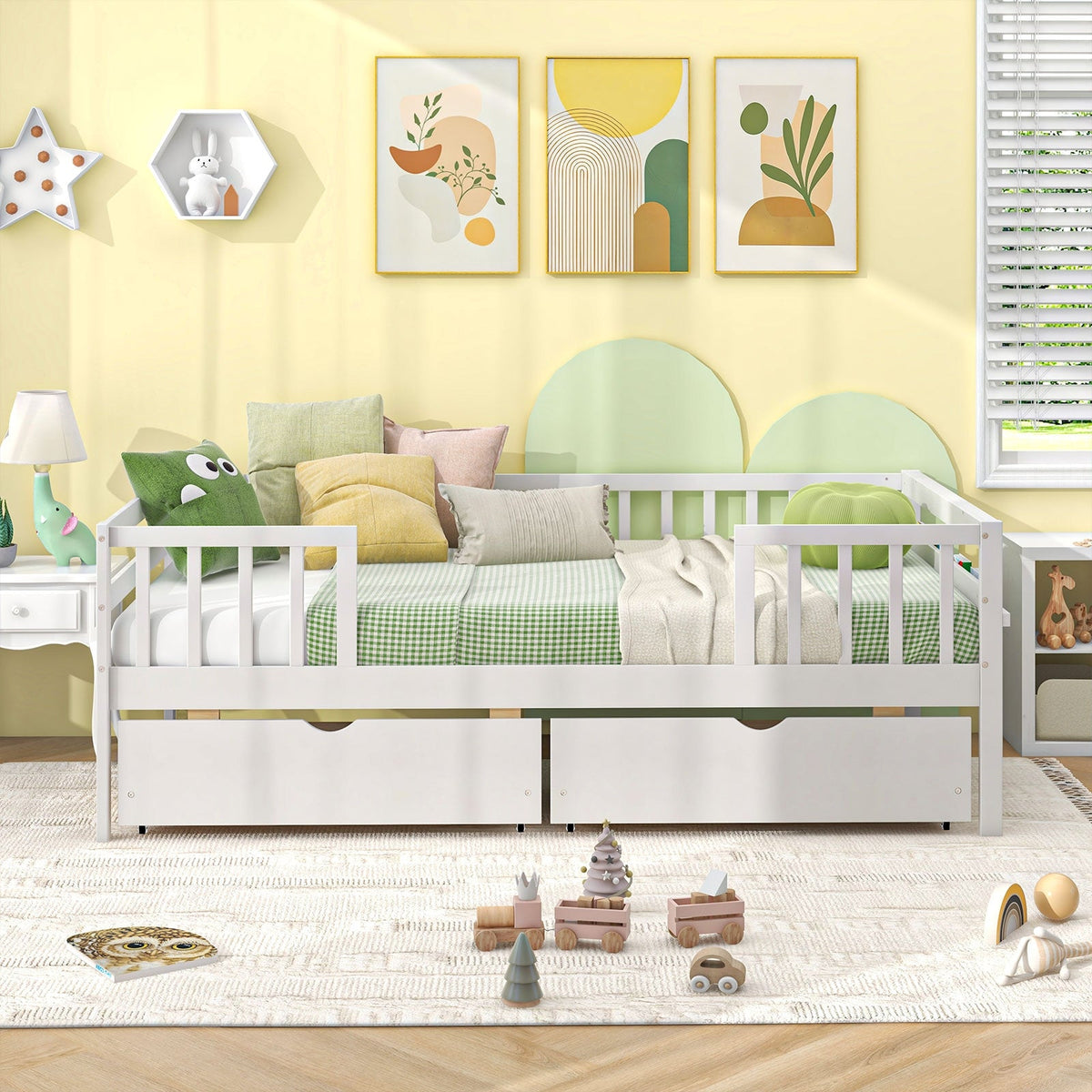 Twin Daybed with Fence and 2 Drawers Kids Bed for Boys & Girls-Trundle Bed Frame-DECOROLALA