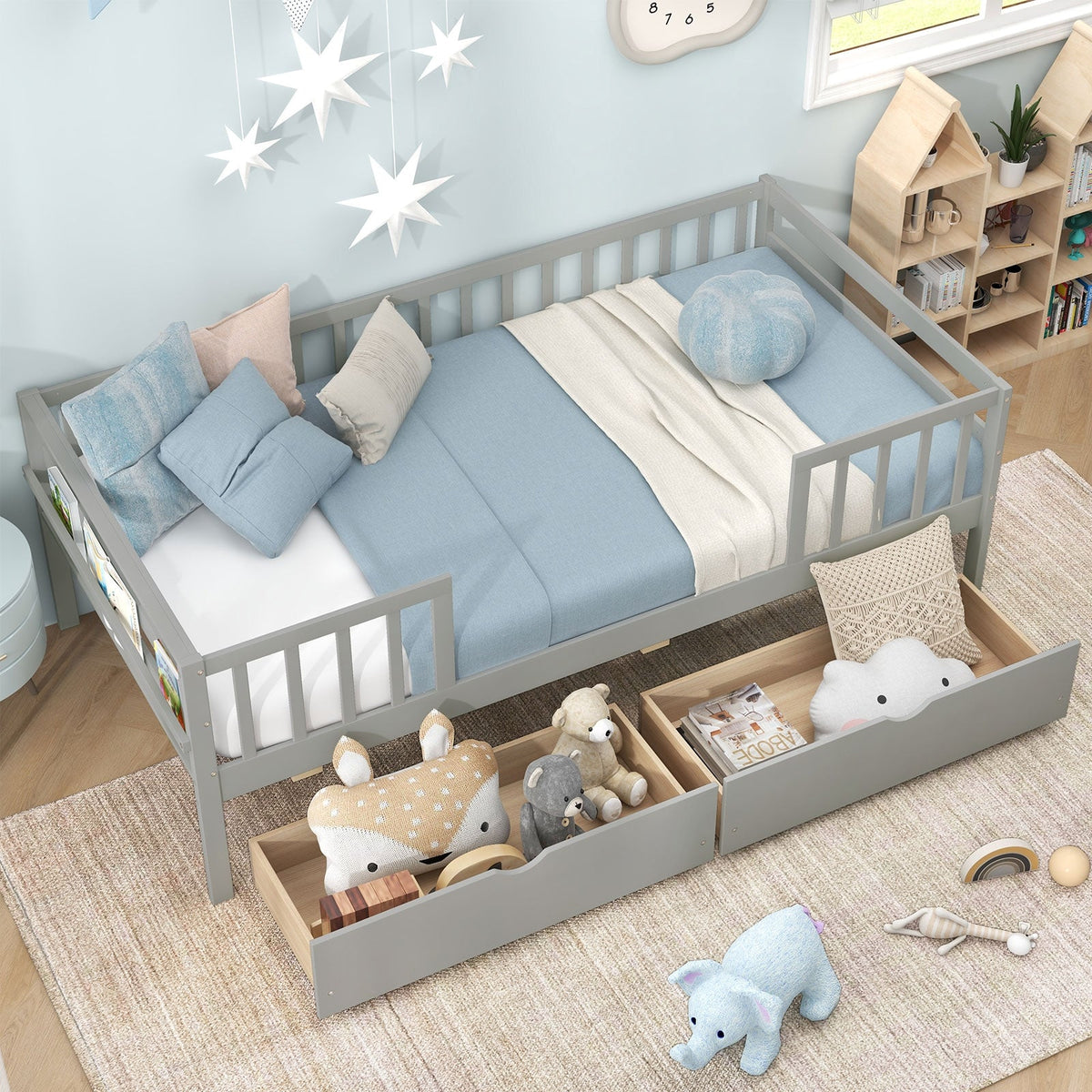 Twin Daybed with Fence and 2 Drawers Kids Bed for Boys & Girls-Trundle Bed Frame-DECOROLALA