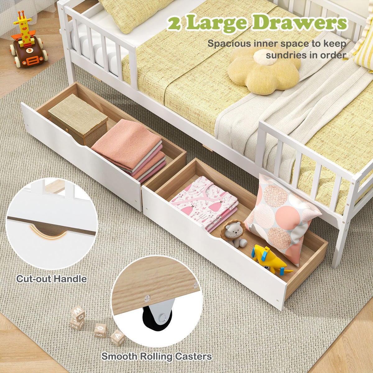 Twin Daybed with Fence and 2 Drawers Kids Bed for Boys & Girls-Trundle Bed Frame-DECOROLALA