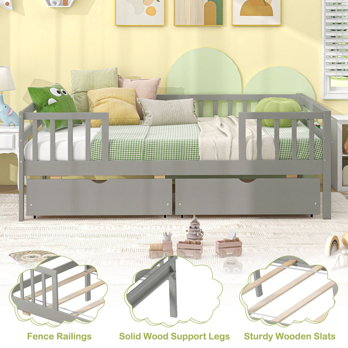 Twin Daybed with Fence and 2 Drawers Kids Bed for Boys & Girls-Trundle Bed Frame-DECOROLALA