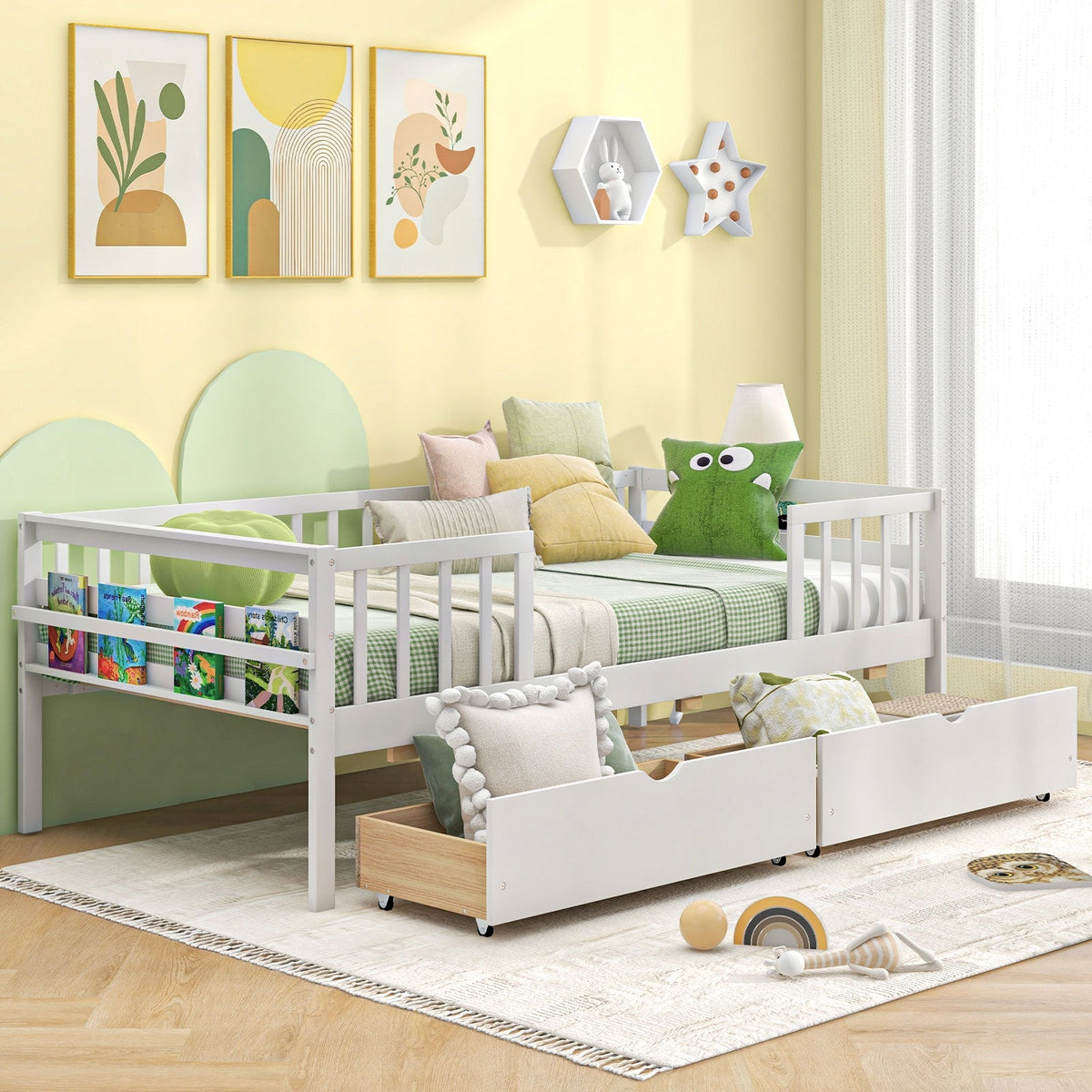 Twin Daybed with Fence and 2 Drawers Kids Bed for Boys & Girls-Trundle Bed Frame-DECOROLALA
