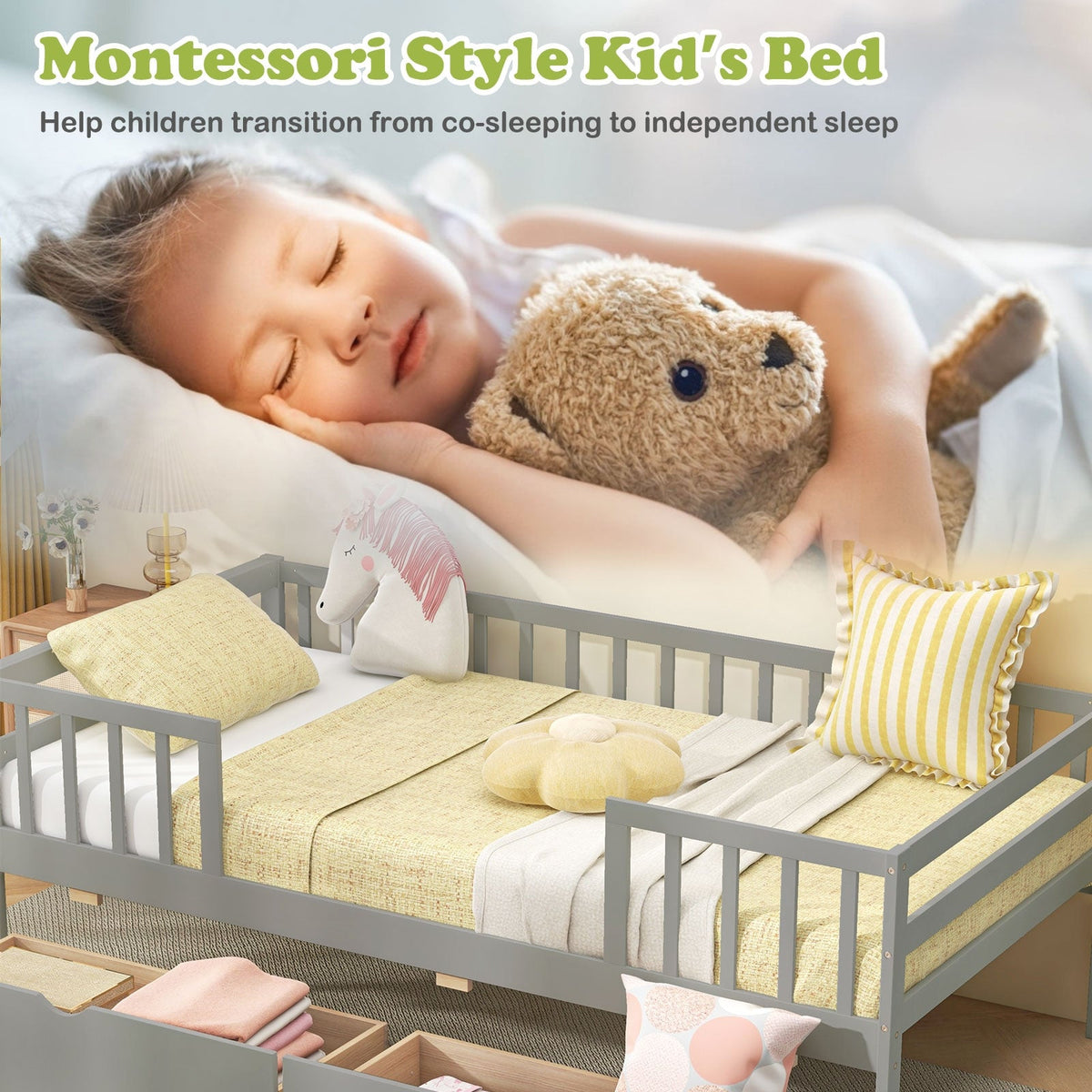 Twin Daybed with Fence and 2 Drawers Kids Bed for Boys & Girls-Trundle Bed Frame-DECOROLALA