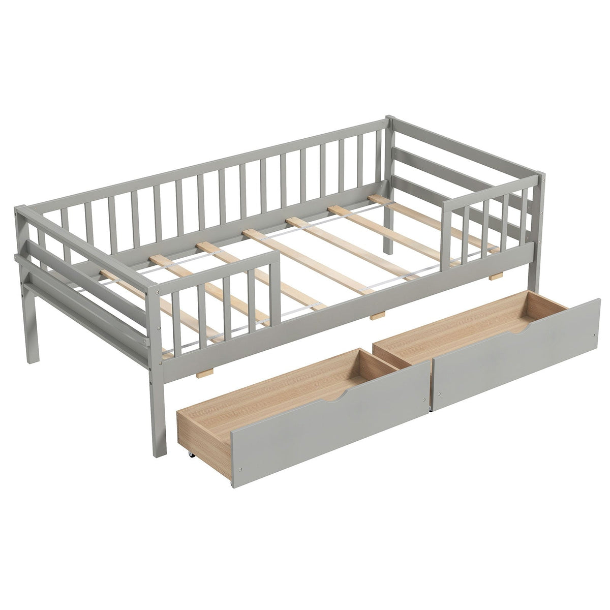 Twin Daybed with Fence and 2 Drawers Kids Bed for Boys & Girls-Trundle Bed Frame-DECOROLALA