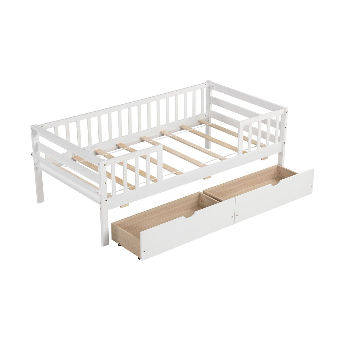 Twin Daybed with Fence and 2 Drawers Kids Bed for Boys & Girls-Trundle Bed Frame-DECOROLALA