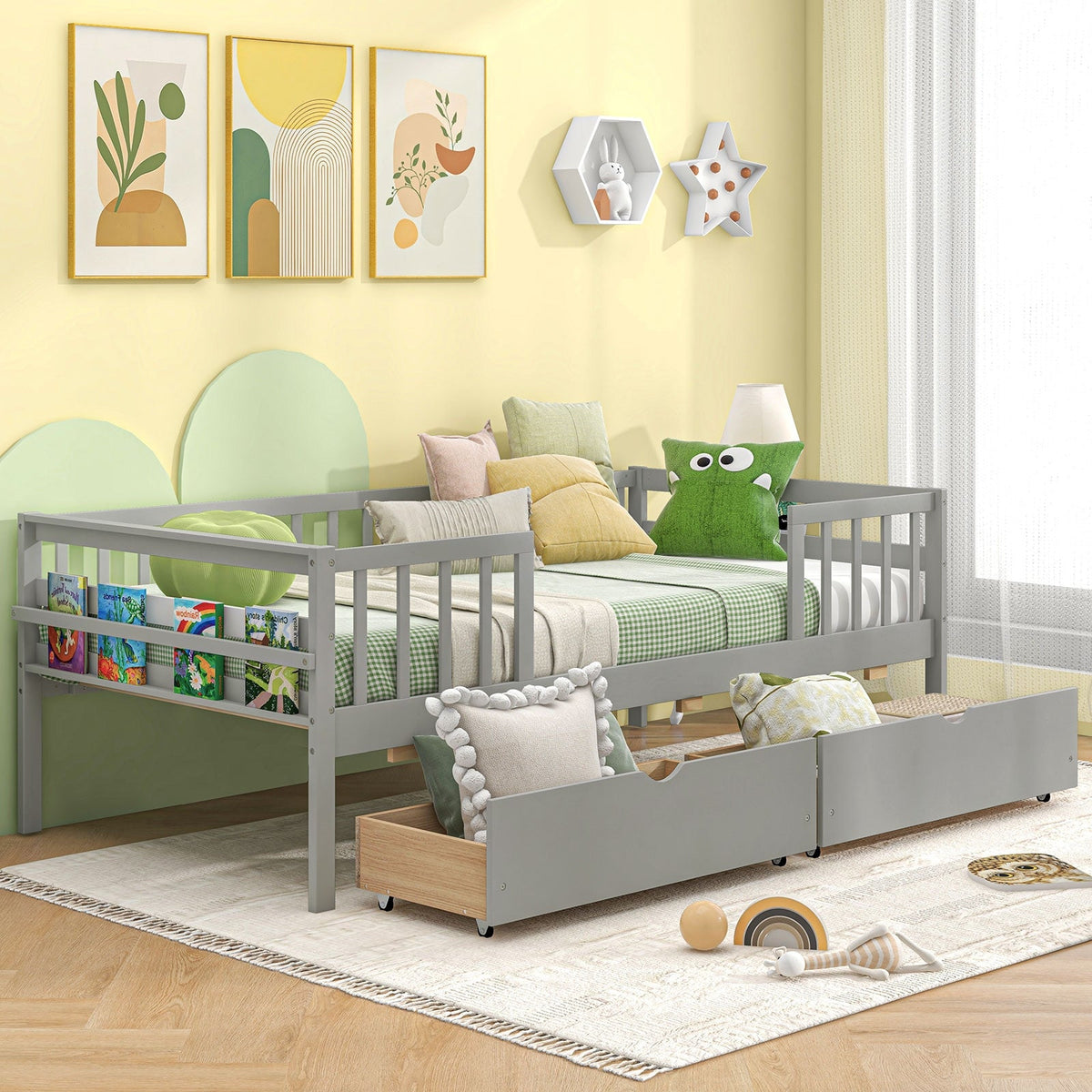 Twin Daybed with Fence and 2 Drawers Kids Bed for Boys & Girls-Trundle Bed Frame-DECOROLALA