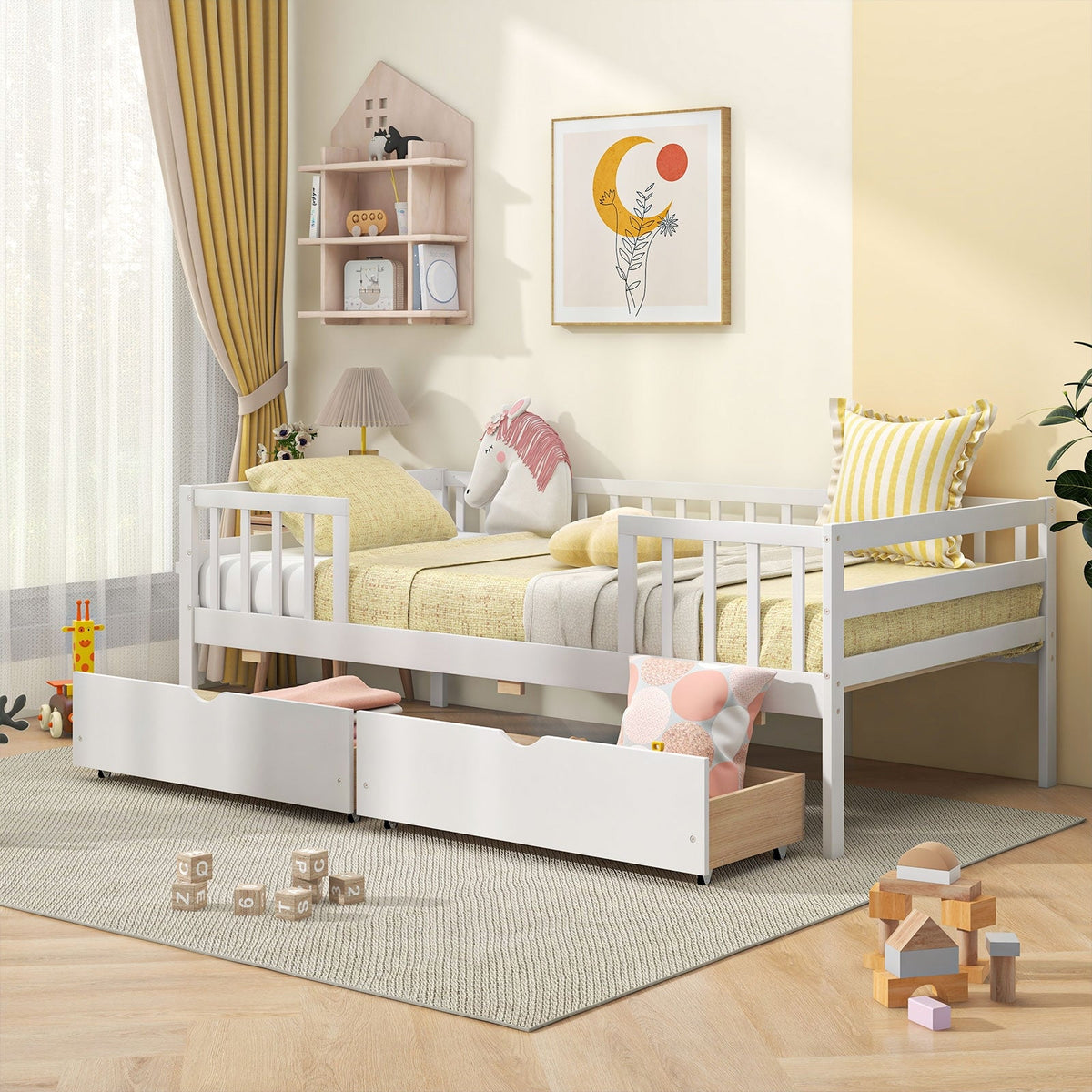 Twin Daybed with Fence and 2 Drawers Kids Bed for Boys & Girls-Trundle Bed Frame-DECOROLALA