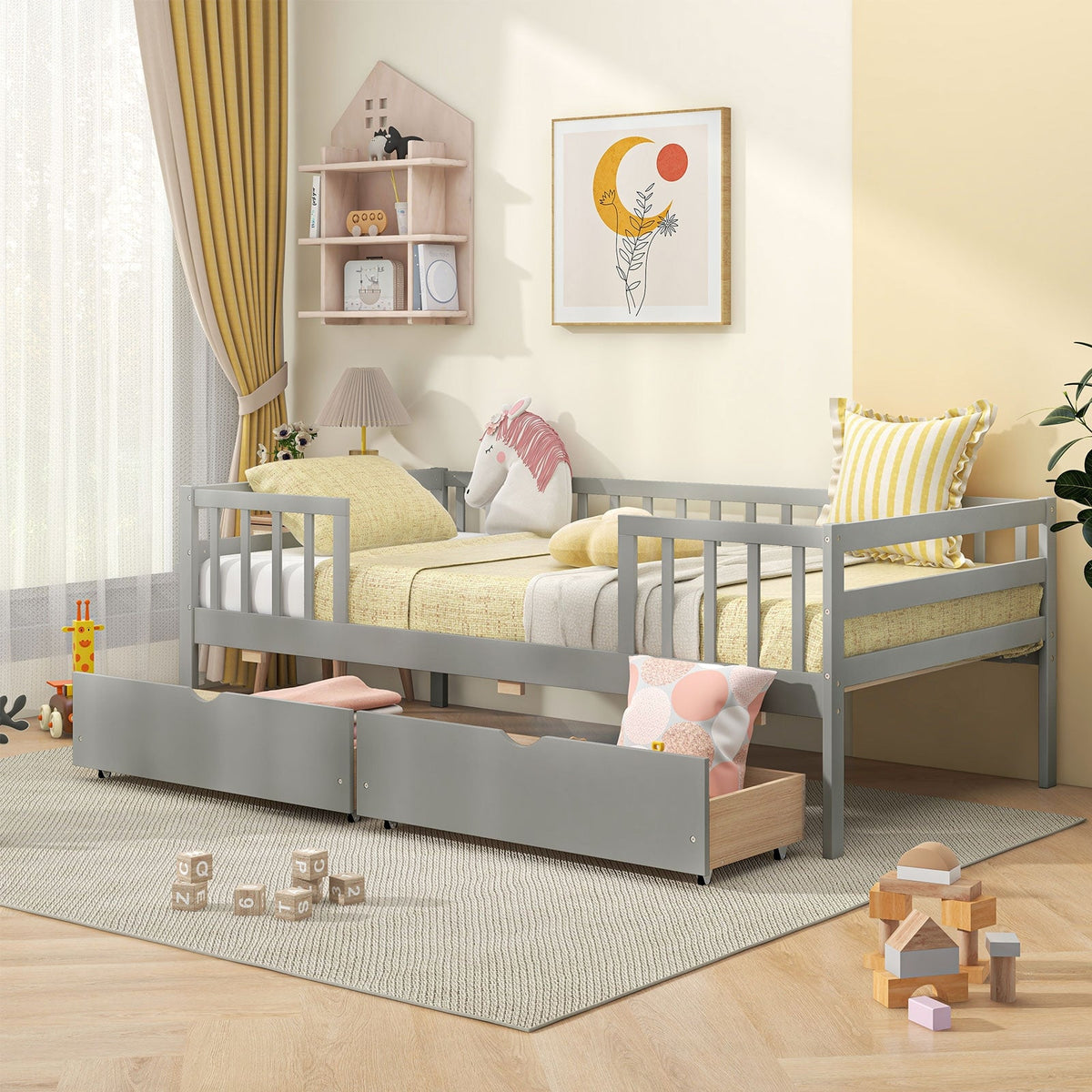 Twin Daybed with Fence and 2 Drawers Kids Bed for Boys & Girls-Trundle Bed Frame-DECOROLALA