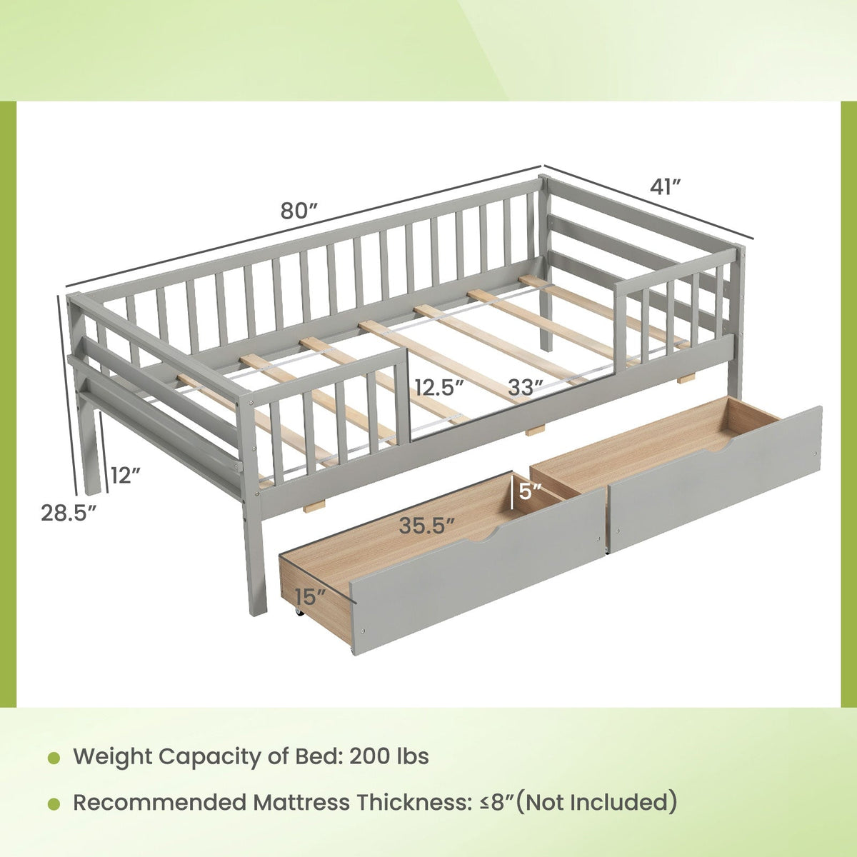 Twin Daybed with Fence and 2 Drawers Kids Bed for Boys & Girls-Trundle Bed Frame-DECOROLALA