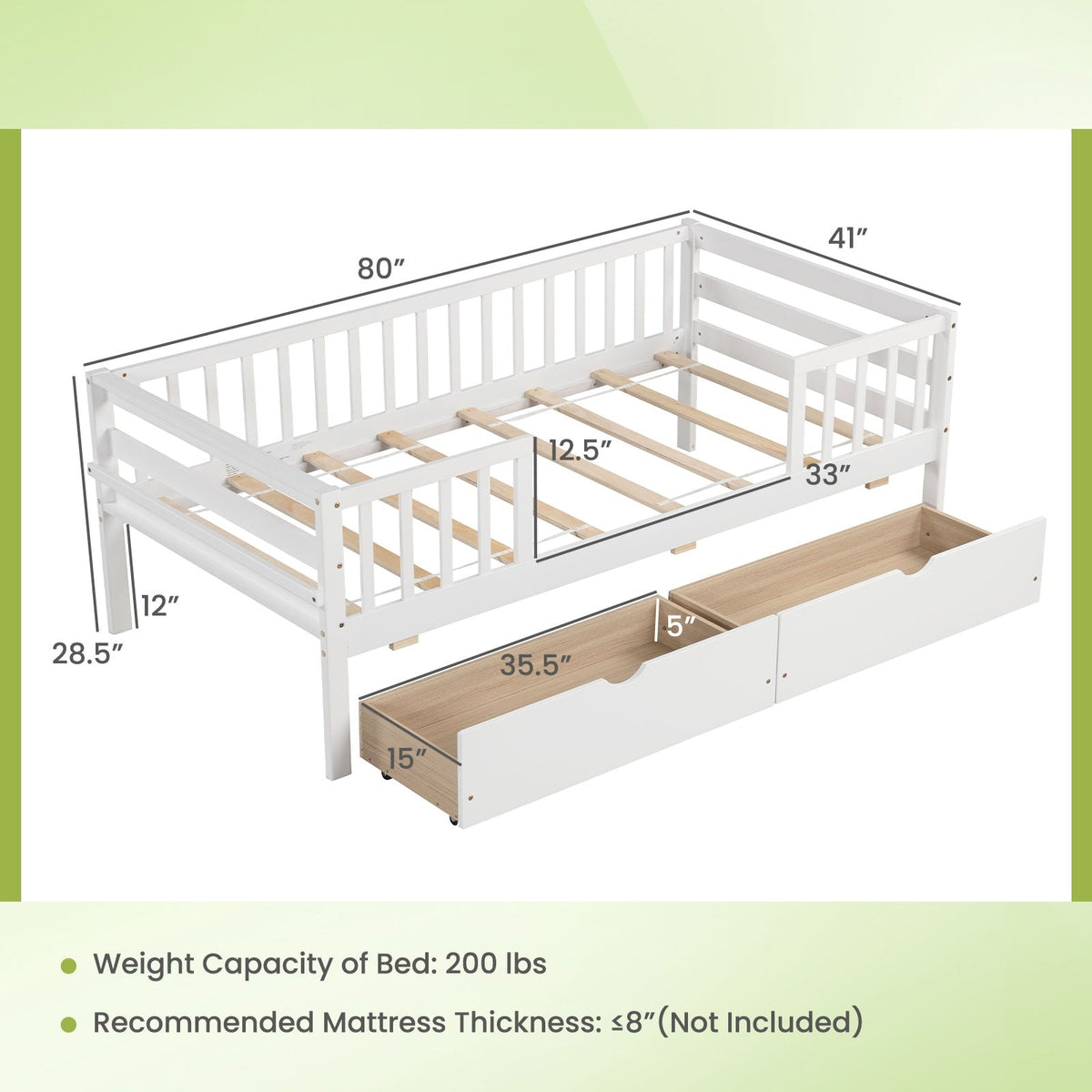 Twin Daybed with Fence and 2 Drawers Kids Bed for Boys & Girls-Trundle Bed Frame-DECOROLALA