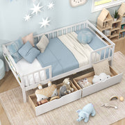 Twin Daybed with Fence and 2 Drawers Kids Bed for Boys & Girls-Trundle Bed Frame-DECOROLALA