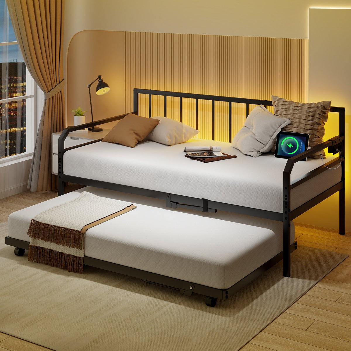 Adjustable Metal Twin Size Daybed with Charging Station and LED Light-Trundle Bed Frame-DECOROLALA