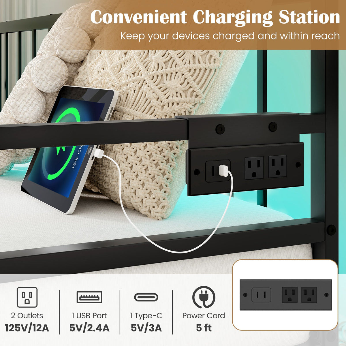 Adjustable Metal Twin Size Daybed with Charging Station and LED Light-Trundle Bed Frame-DECOROLALA