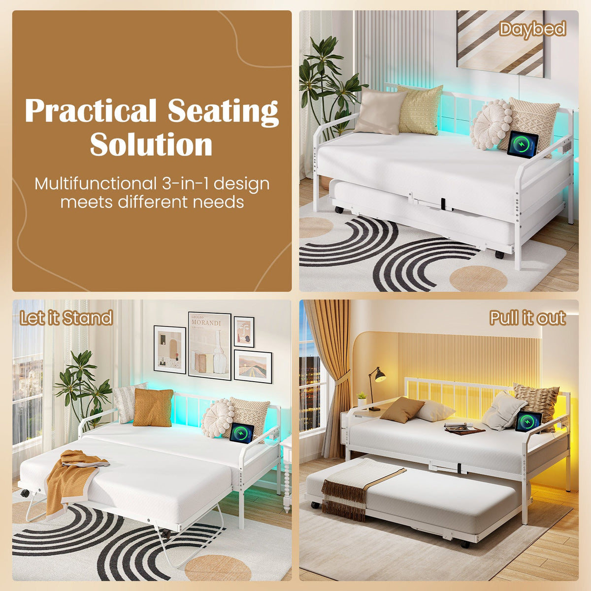 Adjustable Metal Twin Size Daybed with Charging Station and LED Light-Trundle Bed Frame-DECOROLALA