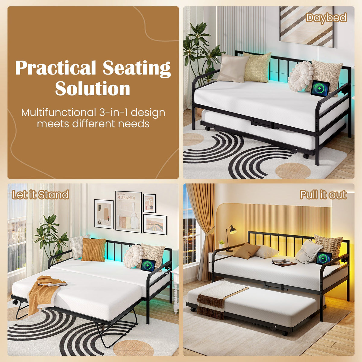 Adjustable Metal Twin Size Daybed with Charging Station and LED Light-Trundle Bed Frame-DECOROLALA