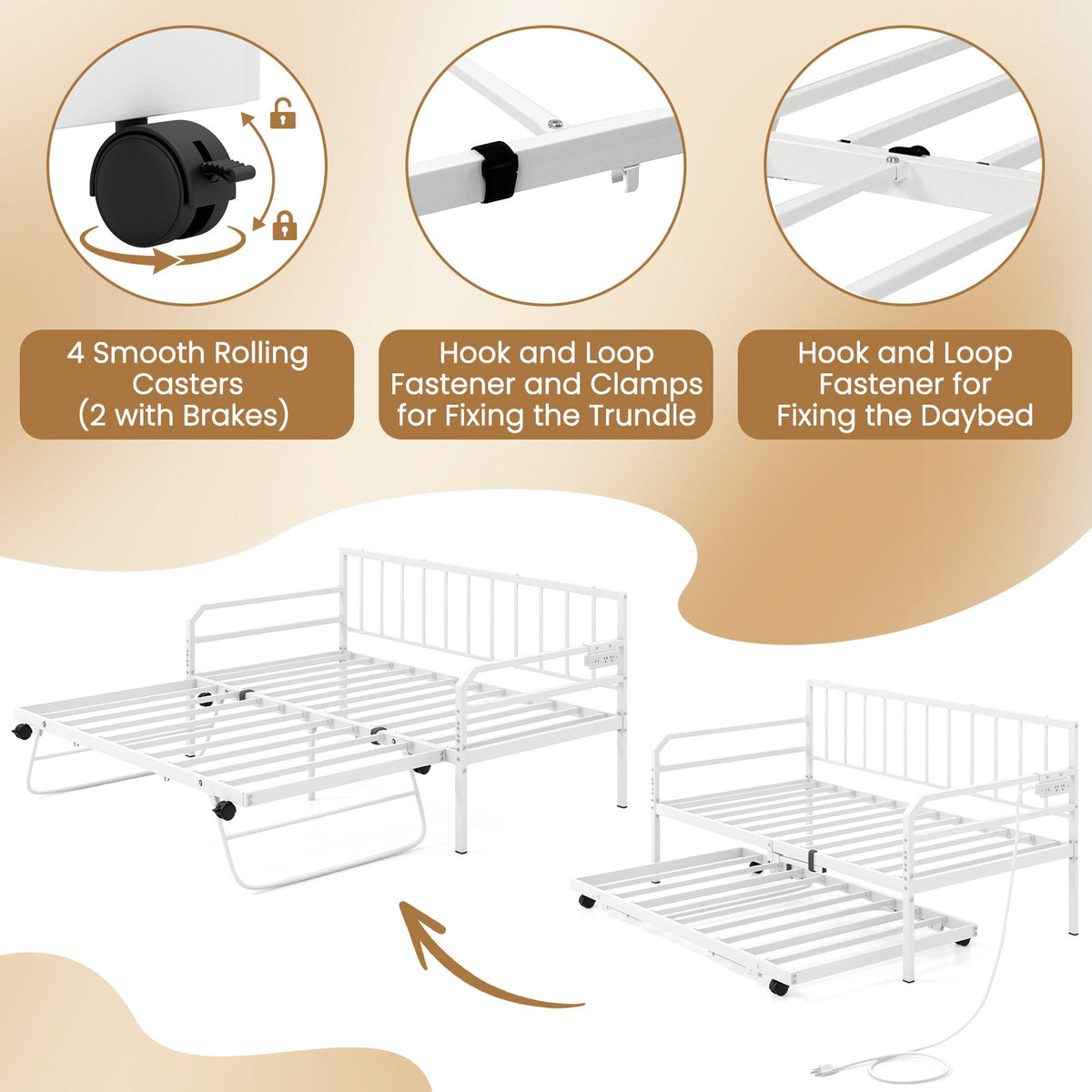 Adjustable Metal Twin Size Daybed with Charging Station and LED Light-Trundle Bed Frame-DECOROLALA