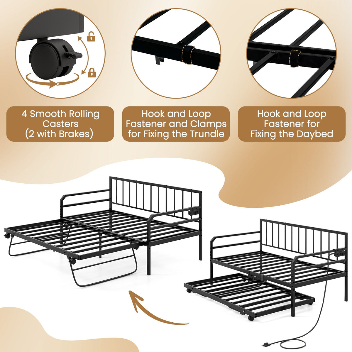 Adjustable Metal Twin Size Daybed with Charging Station and LED Light-Trundle Bed Frame-DECOROLALA