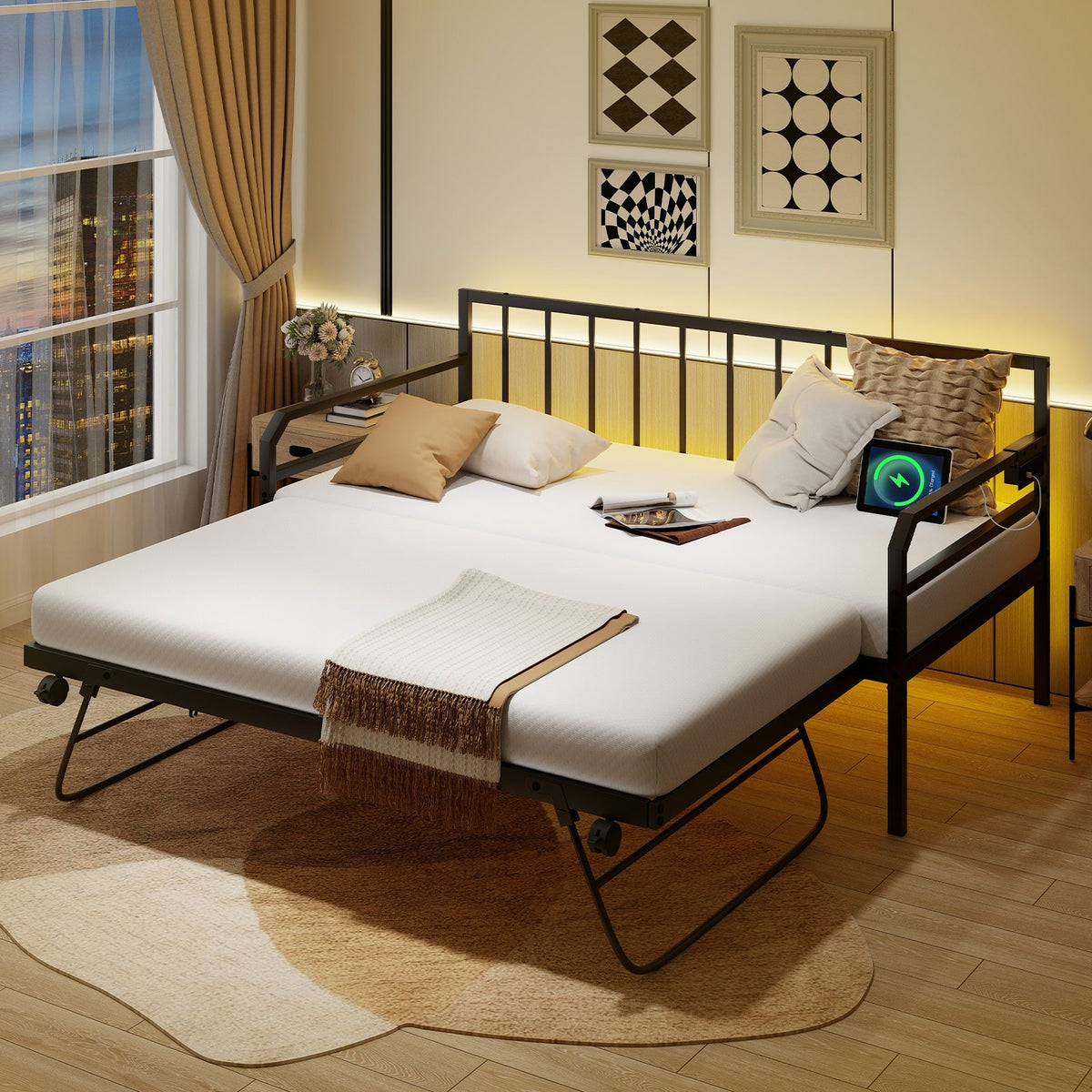 Adjustable Metal Twin Size Daybed with Charging Station and LED Light-Trundle Bed Frame-DECOROLALA