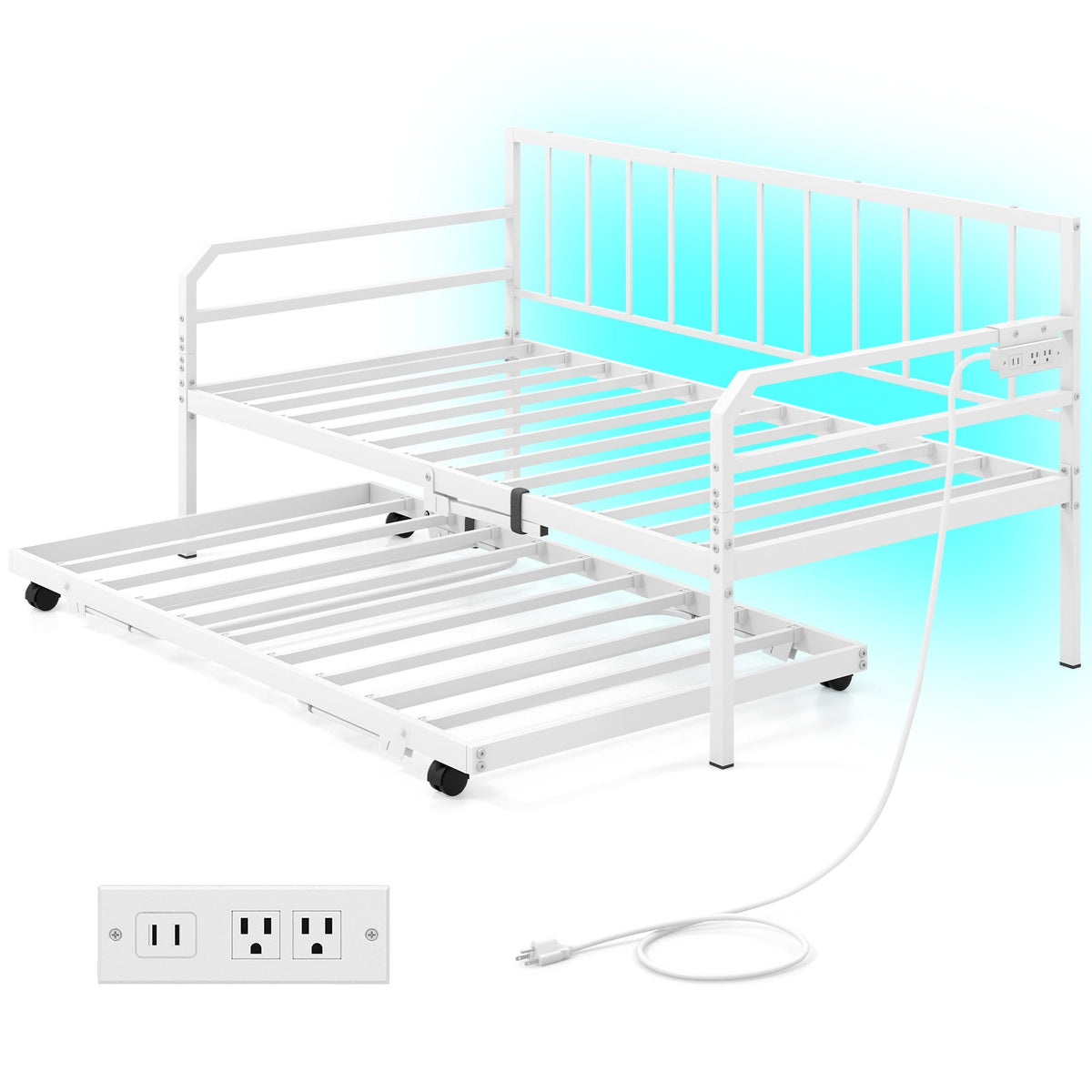 Adjustable Metal Twin Size Daybed with Charging Station and LED Light-Trundle Bed Frame-DECOROLALA